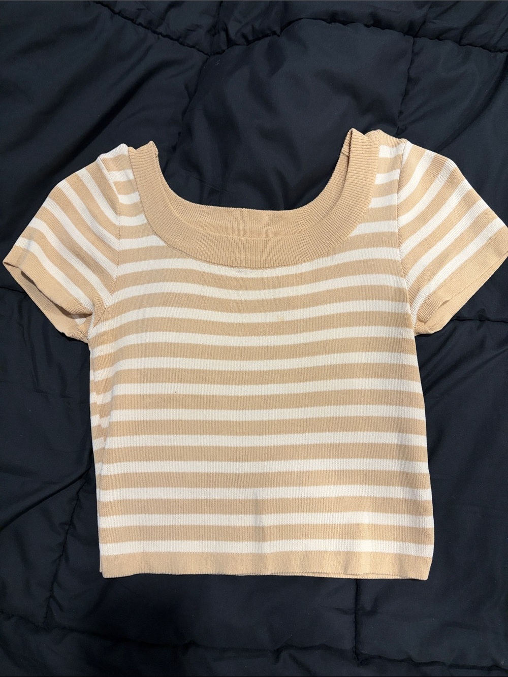 Beige and White Striped Short Sleeve Knit Top